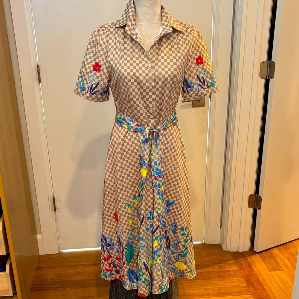 Anna Irion Checkered Floral Scarf Print Midi Dress - Size L